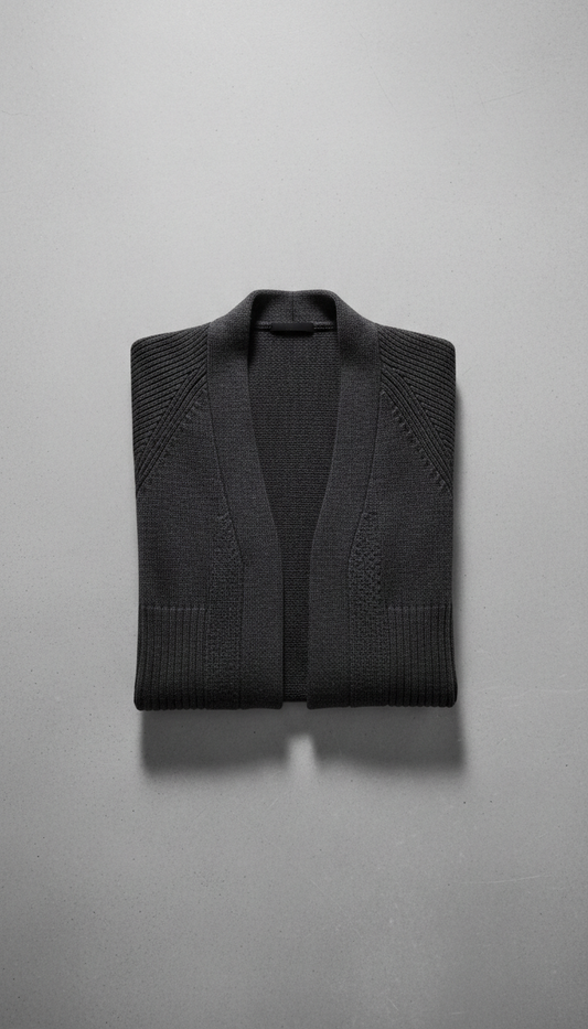 Knitwear cardigan in 'Urban Onyx'. The product sits centered on a plain 'Concrete Gray' background, while a subtle shadow...