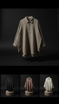 Japanese cotton oversized shirt, 3/4 angle product shots on matte taupe plinths against deep black backgrounds. Products...