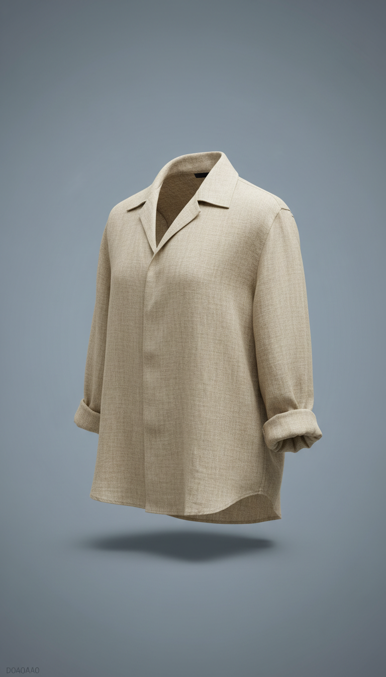 Beige Linen luxury shirt, Opt for a three-quarter angle to showcase the fit and cut of the garments, perfectly centered...